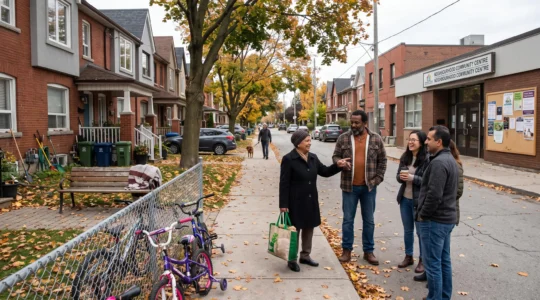Des résidents de diverses origines discutent sur un trottoir d'un quartier multiculturel canadien devant un centre communautaire.