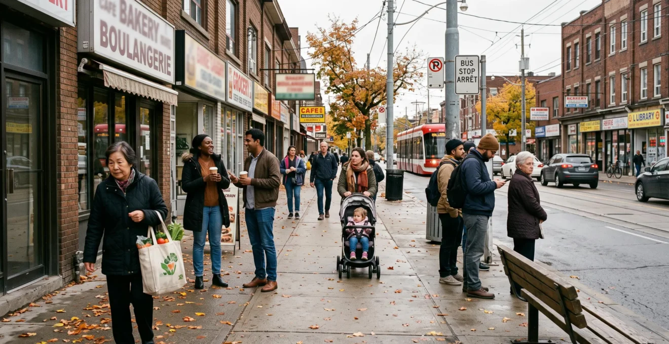 Passants d'origines variées sur un trottoir animé d'un quartier commercial canadien en automne, devant des boutiques de quartier et des arbres aux feuilles tombées.