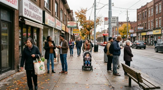 Passants d'origines variées sur un trottoir animé d'un quartier commercial canadien en automne, devant des boutiques de quartier et des arbres aux feuilles tombées.