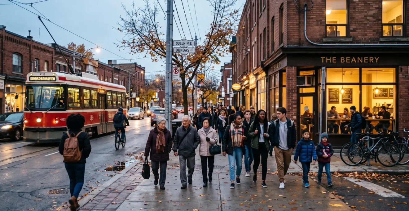 Des passants de plusieurs origines marchent sur un trottoir d'un quartier urbain canadien à la tombée du jour, près d'un tramway et de vitrines éclairées.