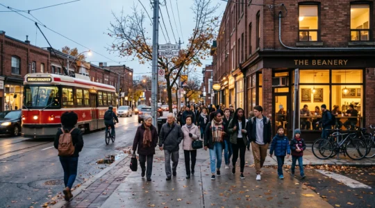 Des passants de plusieurs origines marchent sur un trottoir d'un quartier urbain canadien à la tombée du jour, près d'un tramway et de vitrines éclairées.
