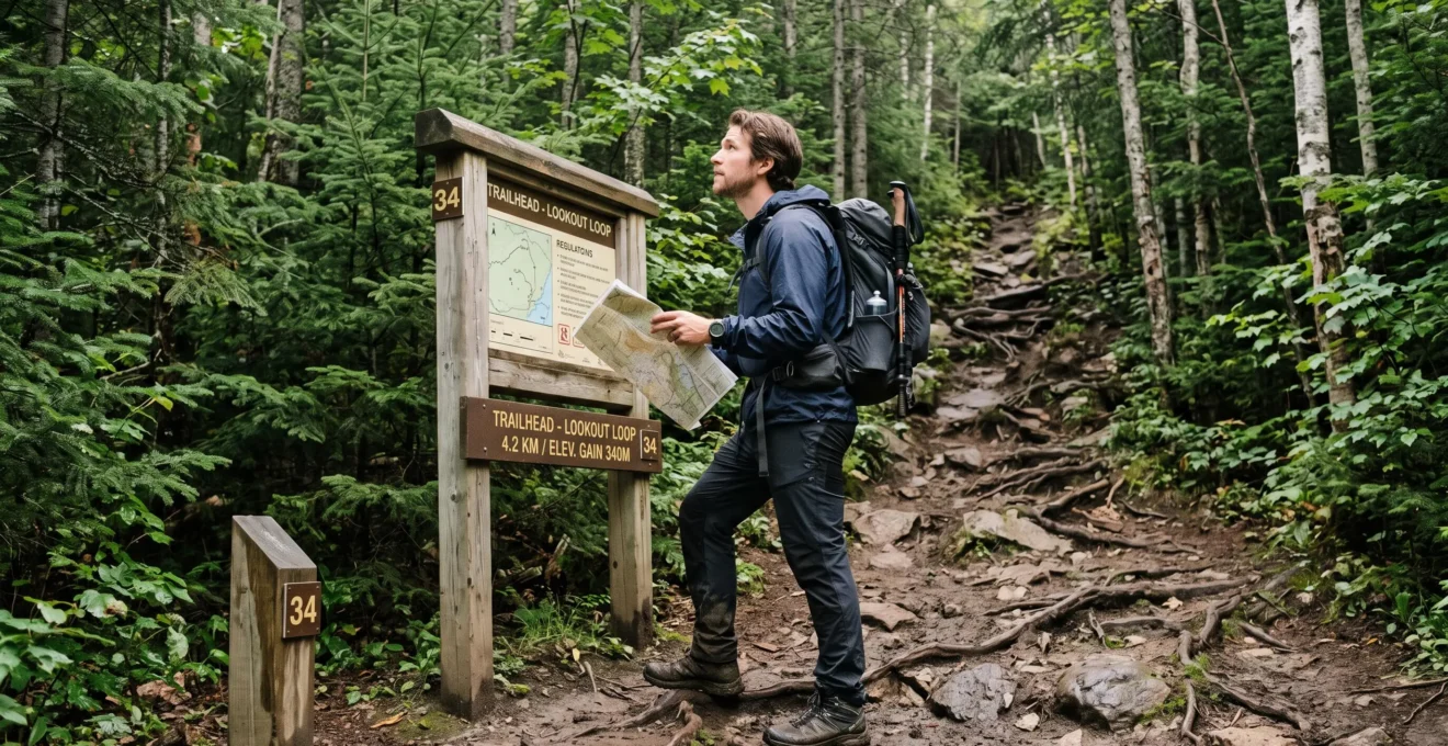 Un randonneur consulte un panneau et une carte à un départ de sentier escarpé et boueux dans un parc canadien.