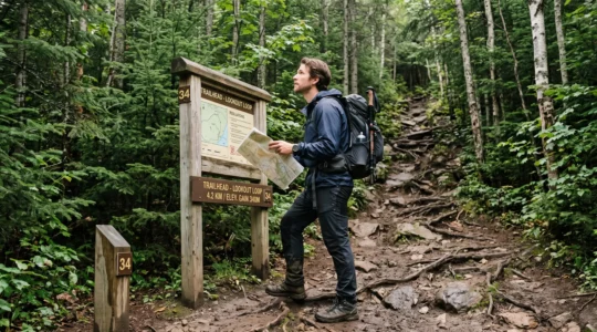 Un randonneur consulte un panneau et une carte à un départ de sentier escarpé et boueux dans un parc canadien.
