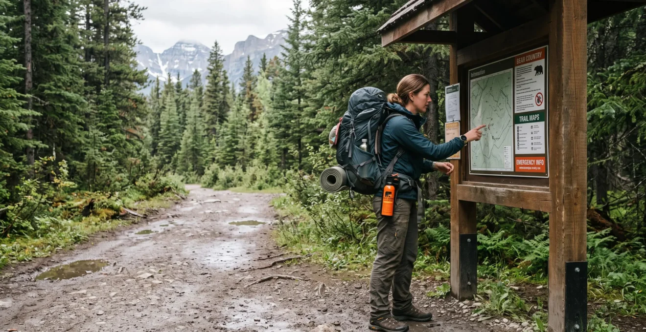 Un randonneur consulte un panneau d'information à l'entrée d'un sentier en forêt canadienne, avec un spray au poivre de défense accroché à sa ceinture.