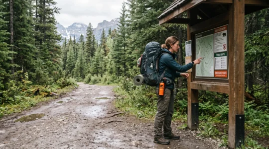 Un randonneur consulte un panneau d'information à l'entrée d'un sentier en forêt canadienne, avec un spray au poivre de défense accroché à sa ceinture.
