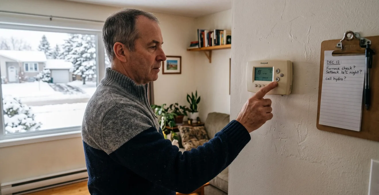 Une personne règle un thermostat mural programmable dans une maison canadienne pendant l'hiver.