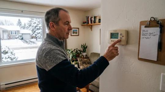 Une personne règle un thermostat mural programmable dans une maison canadienne pendant l'hiver.