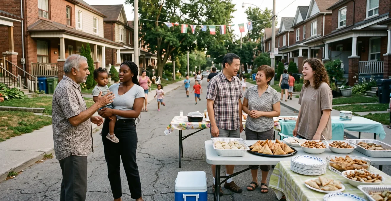 Des voisins d'origines différentes discutent autour de tables de plats partagés lors d'une rencontre de quartier dans une rue résidentielle canadienne.