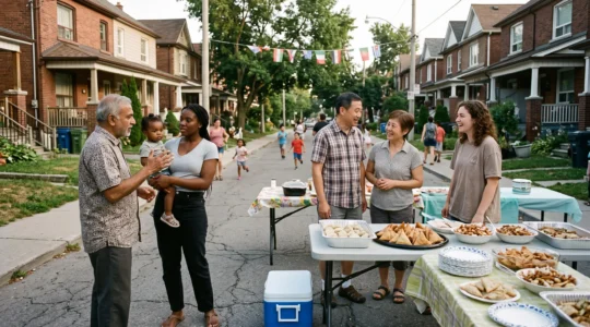 Des voisins d'origines différentes discutent autour de tables de plats partagés lors d'une rencontre de quartier dans une rue résidentielle canadienne.