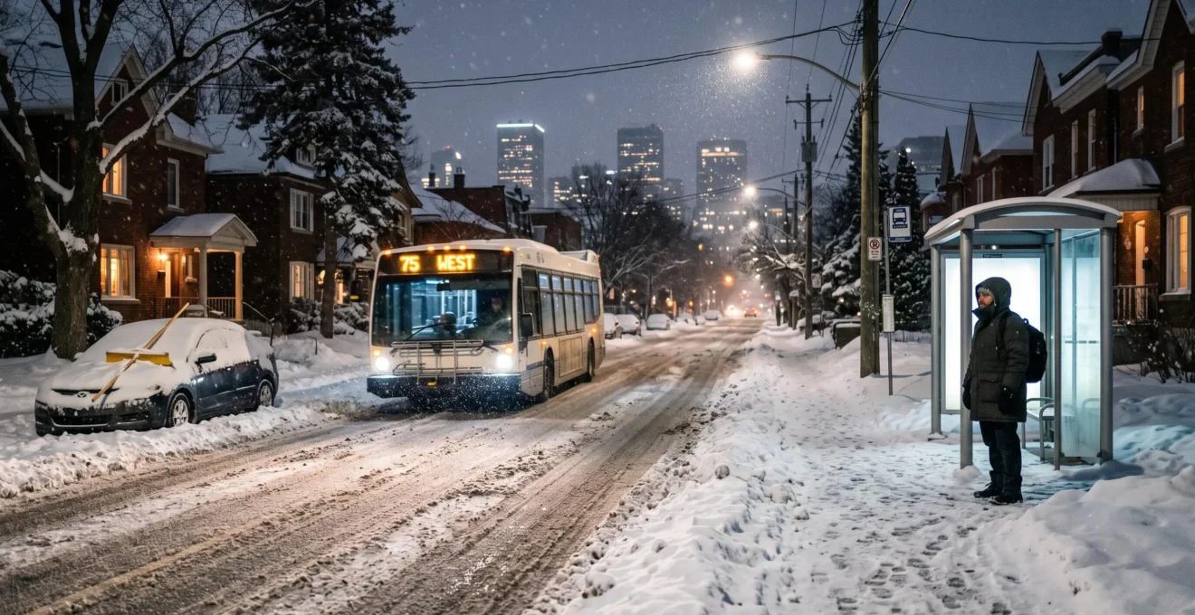 Un arrêt d'autobus sur une rue canadienne enneigée en hiver, avec un piéton en manteau d'hiver attendant qu'un autobus arrive, près d'une voiture recouverte de neige stationnée en bord de rue