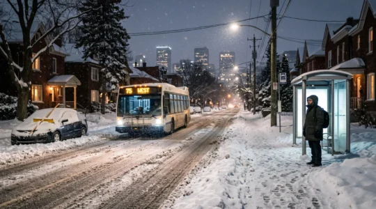 Un arrêt d'autobus sur une rue canadienne enneigée en hiver, avec un piéton en manteau d'hiver attendant qu'un autobus arrive, près d'une voiture recouverte de neige stationnée en bord de rue