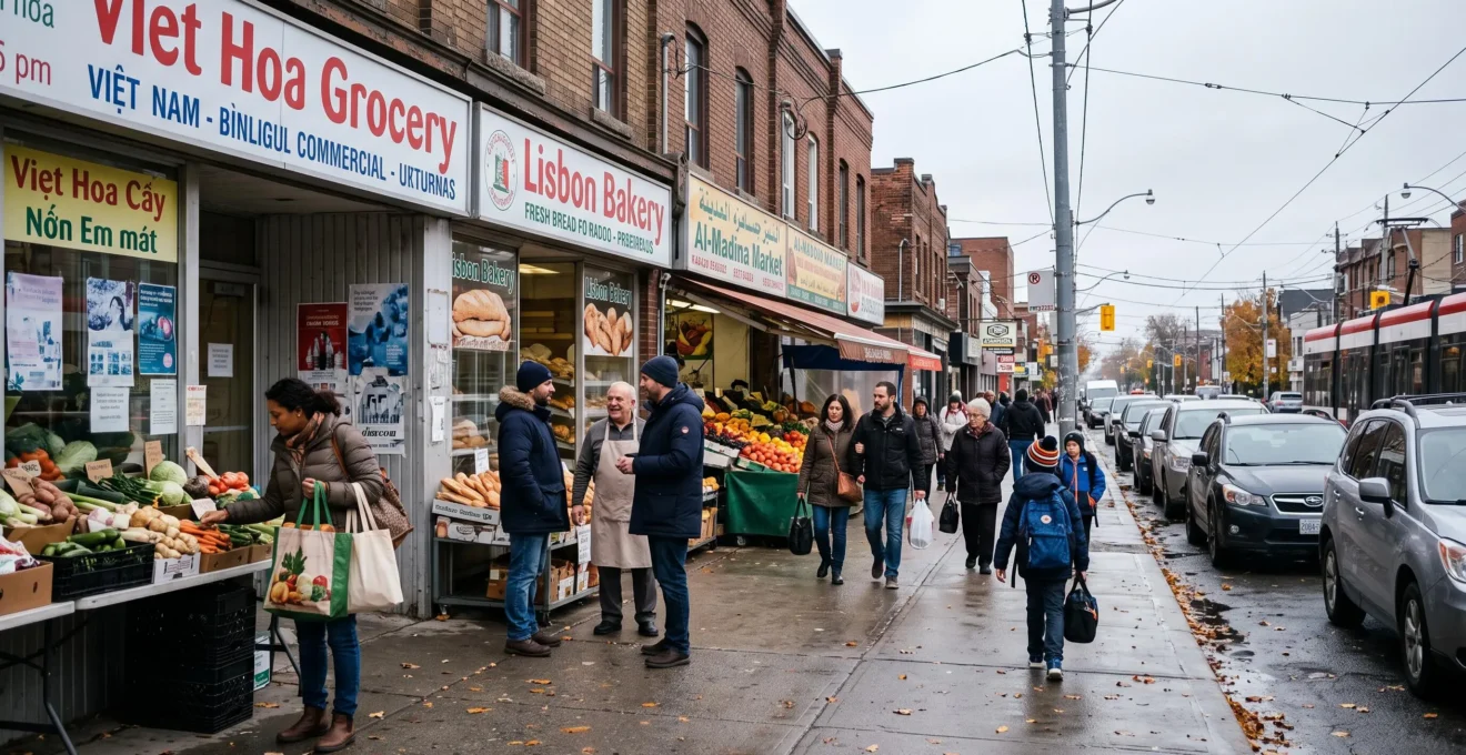 Une rue commerçante animée d'une grande ville canadienne où plusieurs épiceries et échoppes de cultures différentes se côtoient, avec des passants d'origines variées.
