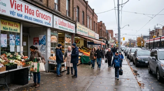Une rue commerçante animée d'une grande ville canadienne où plusieurs épiceries et échoppes de cultures différentes se côtoient, avec des passants d'origines variées.