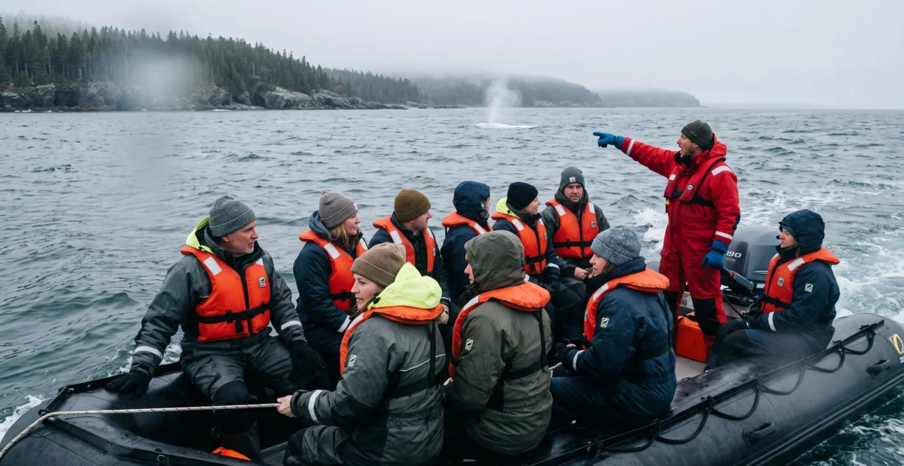 Passagers d'un zodiac en combinaisons étanches observant un souffle de baleine à l'horizon sur un fleuve froid et brumeux.