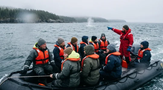 Passagers d'un zodiac en combinaisons étanches observant un souffle de baleine à l'horizon sur un fleuve froid et brumeux.