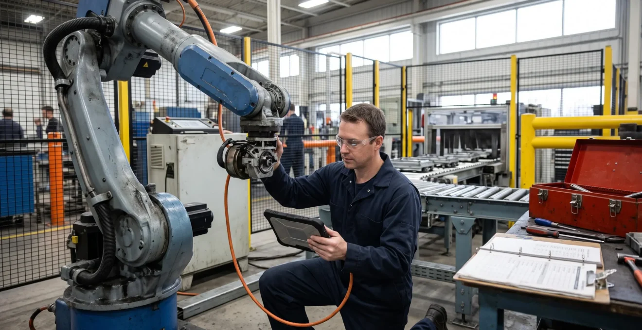 Un technicien de maintenance inspecte un bras robotisé industriel sur une ligne de production dans une usine.
