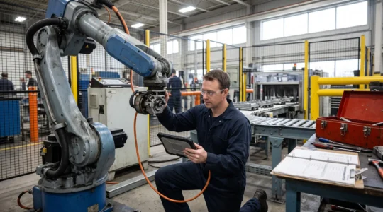 Un technicien de maintenance inspecte un bras robotisé industriel sur une ligne de production dans une usine.
