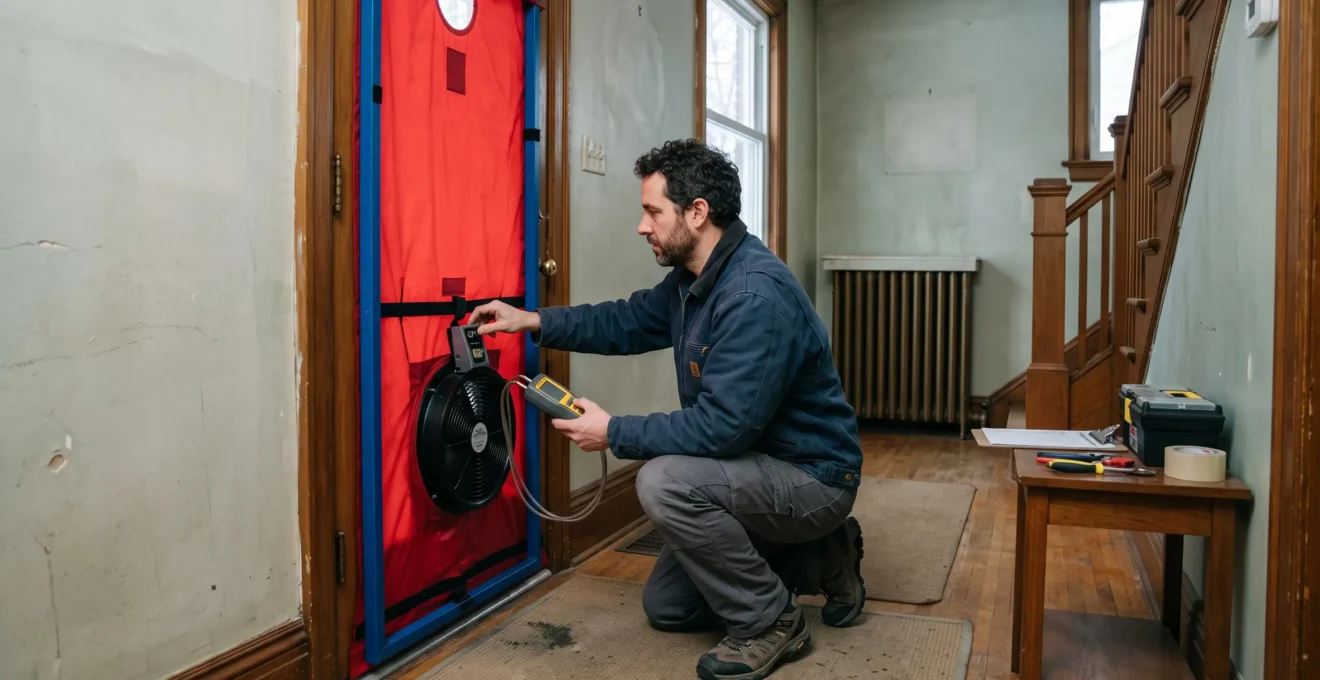 Un technicien réalise un test d'infiltrométrie avec une porte soufflante dans le hall d'une maison canadienne ancienne en rénovation énergétique.