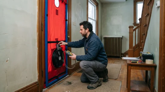 Un technicien réalise un test d'infiltrométrie avec une porte soufflante dans le hall d'une maison canadienne ancienne en rénovation énergétique.