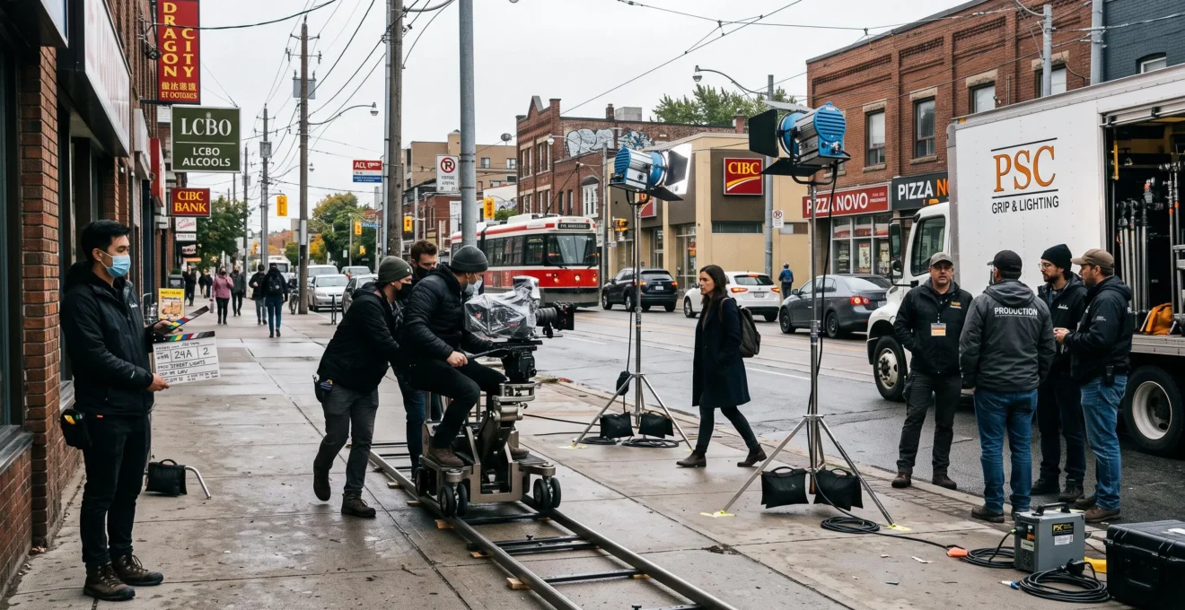 Une équipe de tournage installe une caméra sur une rue de ville canadienne pour une production cinématographique.