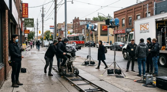 Une équipe de tournage installe une caméra sur une rue de ville canadienne pour une production cinématographique.