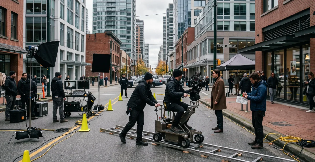 Une équipe de tournage installe un travelling et des éclairages au milieu d'une rue fermée au centre-ville, avec des cônes, des câbles et un caméraman en action.
