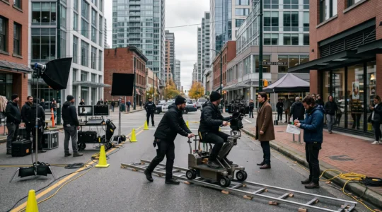 Une équipe de tournage installe un travelling et des éclairages au milieu d'une rue fermée au centre-ville, avec des cônes, des câbles et un caméraman en action.