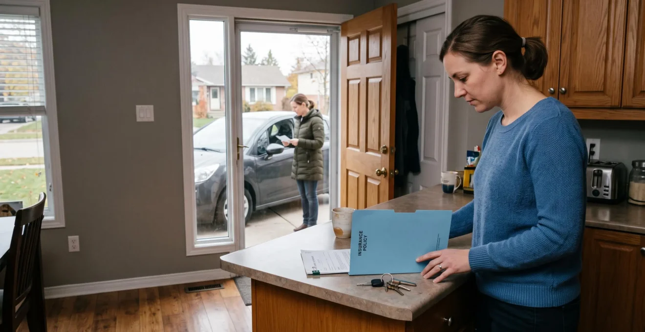 Une femme examine un dossier d'assurance et un bail posés sur le comptoir de sa cuisine, près de la porte donnant sur sa nouvelle voiture garée dans l'allée.