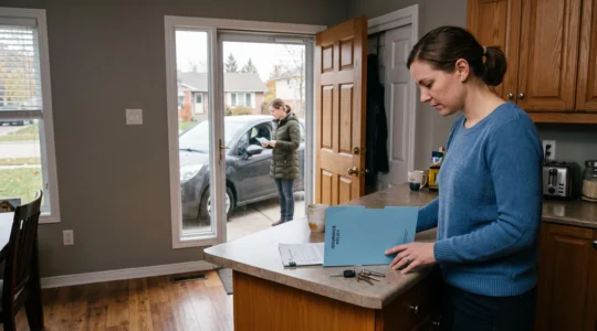 Une femme examine un dossier d'assurance et un bail posés sur le comptoir de sa cuisine, près de la porte donnant sur sa nouvelle voiture garée dans l'allée.