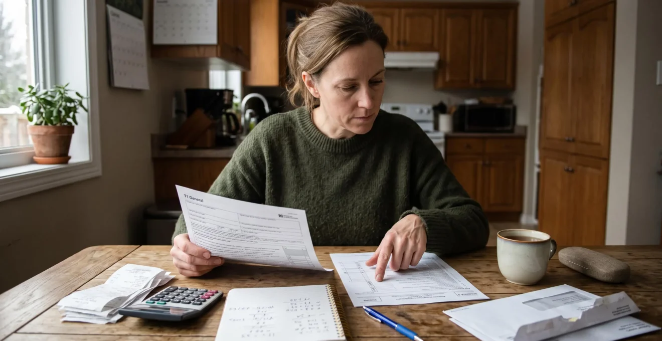 Une femme compare deux formulaires fiscaux posés sur une table de cuisine, avec une calculatrice et des reçus devant elle.