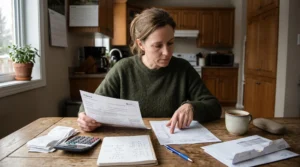 Une femme compare deux formulaires fiscaux posés sur une table de cuisine, avec une calculatrice et des reçus devant elle.
