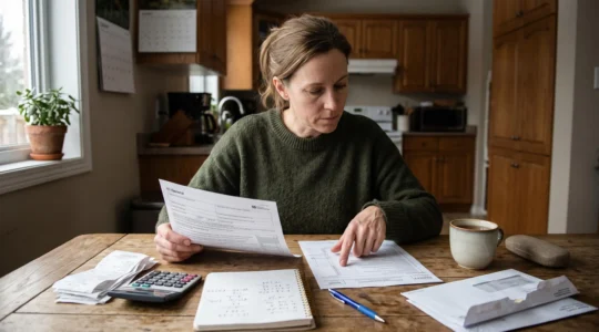 Une femme compare deux formulaires fiscaux posés sur une table de cuisine, avec une calculatrice et des reçus devant elle.