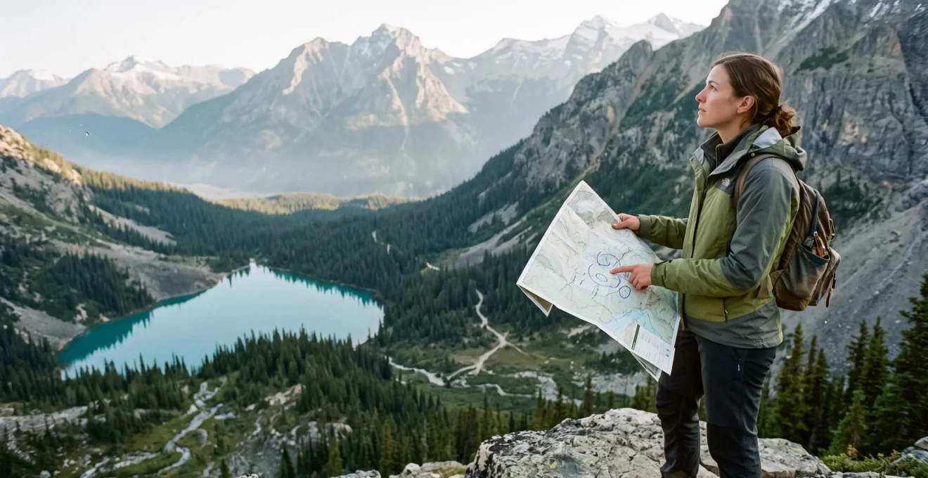 Un voyageur consulte une carte du parc national de Banff depuis un belvédère dominant un lac glaciaire entouré de montagnes.