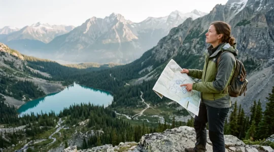 Un voyageur consulte une carte du parc national de Banff depuis un belvédère dominant un lac glaciaire entouré de montagnes.